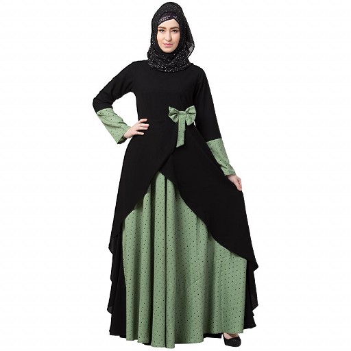 Polka dotted asymmetrical dress abaya- Green-Black